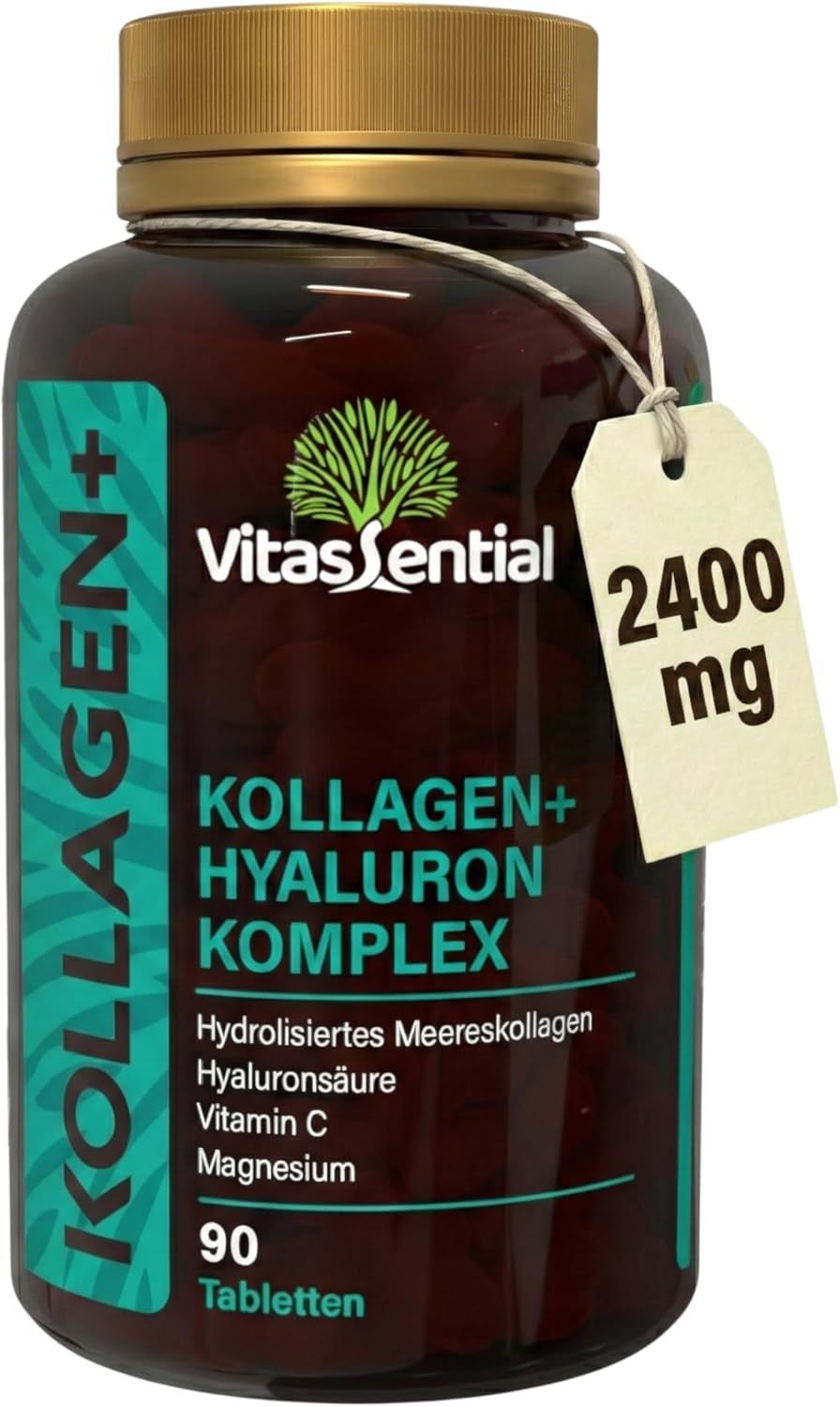 Braune Flasche mit Tabletten. Text: Vitassential Kollagen+ Hyaluron Komplex. 90 Tabletten. Anhänger: 2400 mg.