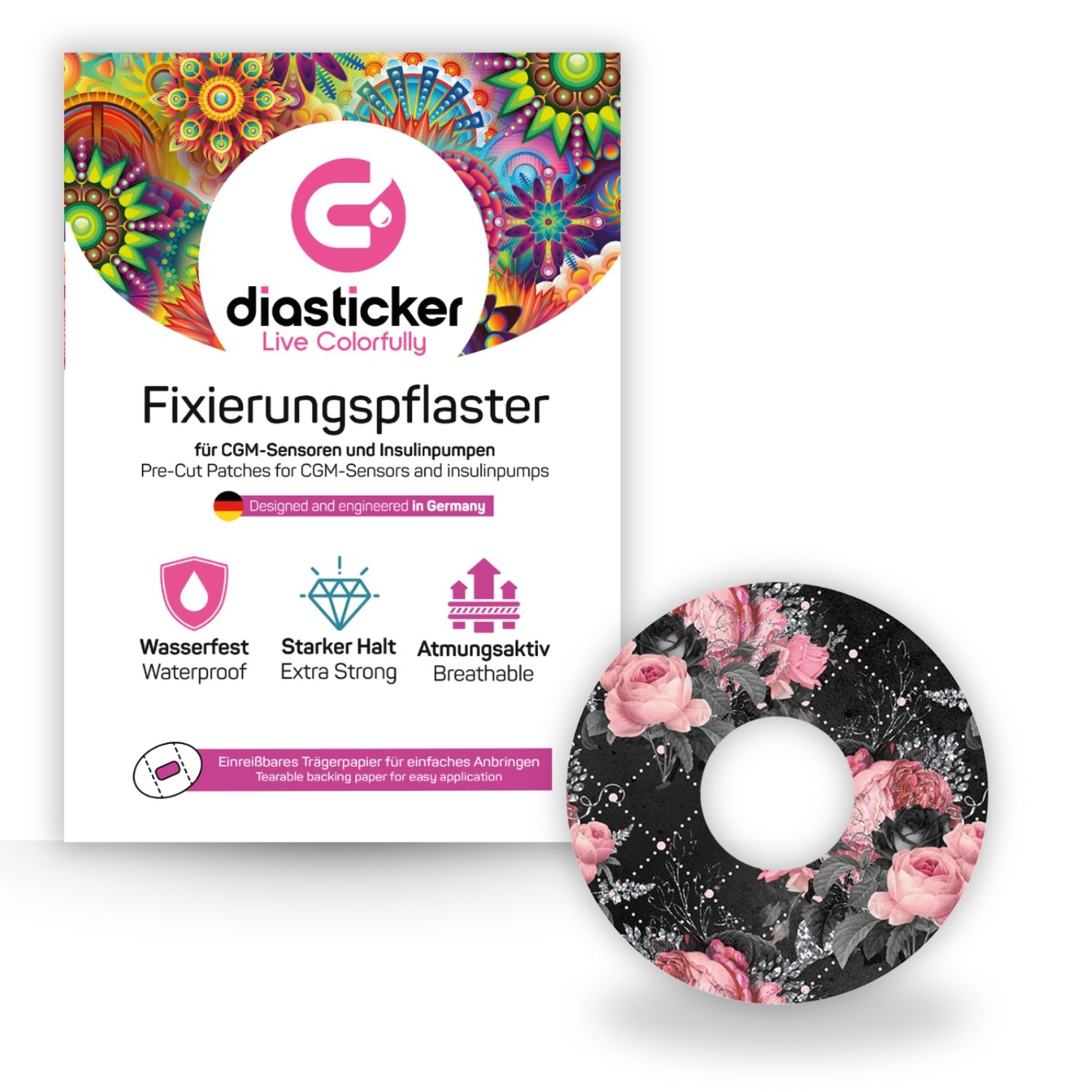 Verpackung mit rundem Pflaster. Aufschrift: Diasticker. Floralmuster, schwarzer Hintergrund mit rosa Blüten.