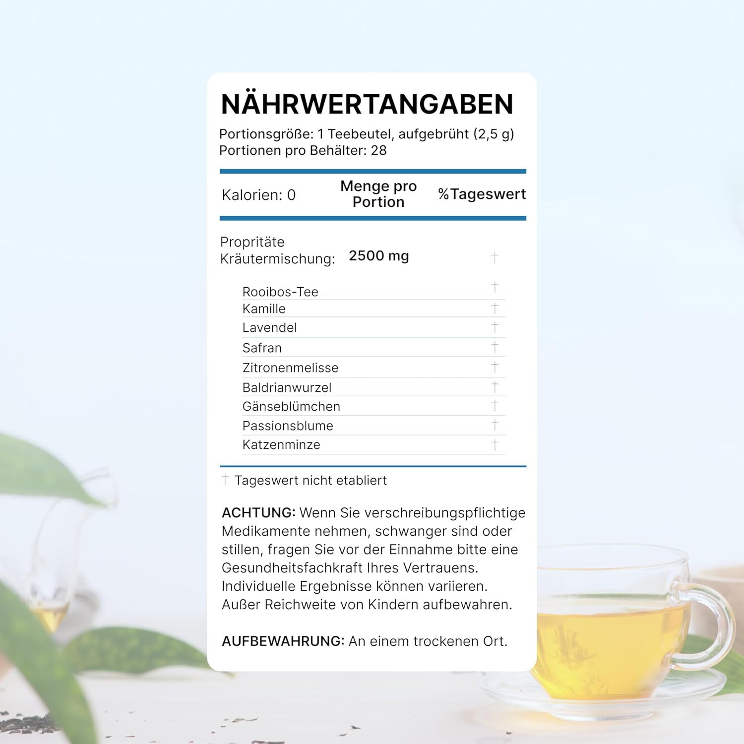 Nährwertangaben für LULUTOX Gute Nacht Tee: 28 Portionen, Kräutermischung 2500 mg. Enthält Rooibos-Tee, Kamille, Lavendel, Safran, etc.