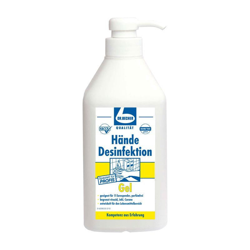 Weiße Flasche mit Spender. Aufschrift: Hände Desinfektion Gel. Marke: Dr. Becher. Mit Qualitätszeichen.