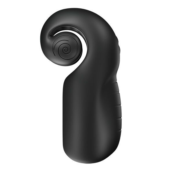 Schwarzes Wellness-Produkt mit ergonomischer Form. Spiralförmige Aussparung und strukturierte Oberfläche.