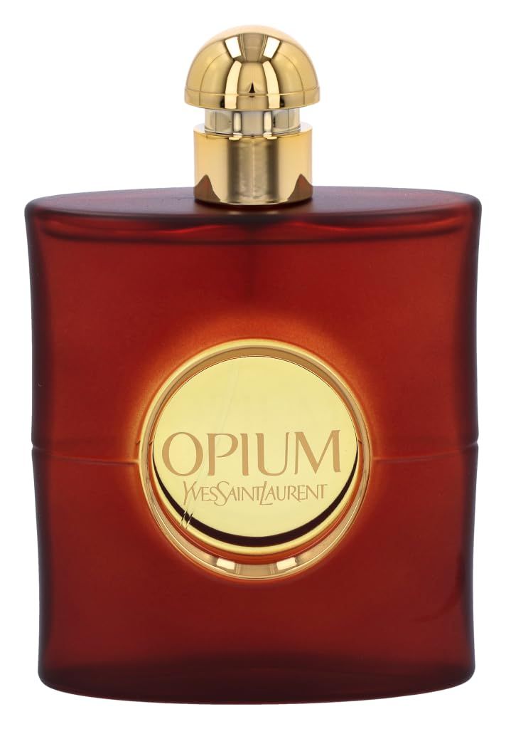 Dunkelroter Flakon mit goldenem Verschluss. Auf der Vorderseite ein goldenes Etikett mit "OPIUM" und "Yves Saint Laurent".