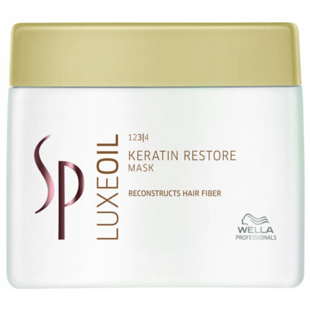 Weißer Tiegel mit goldfarbenem Deckel. Aufschrift: SP Luxeoil Keratin Restore Mask. Wella Professionals Logo.