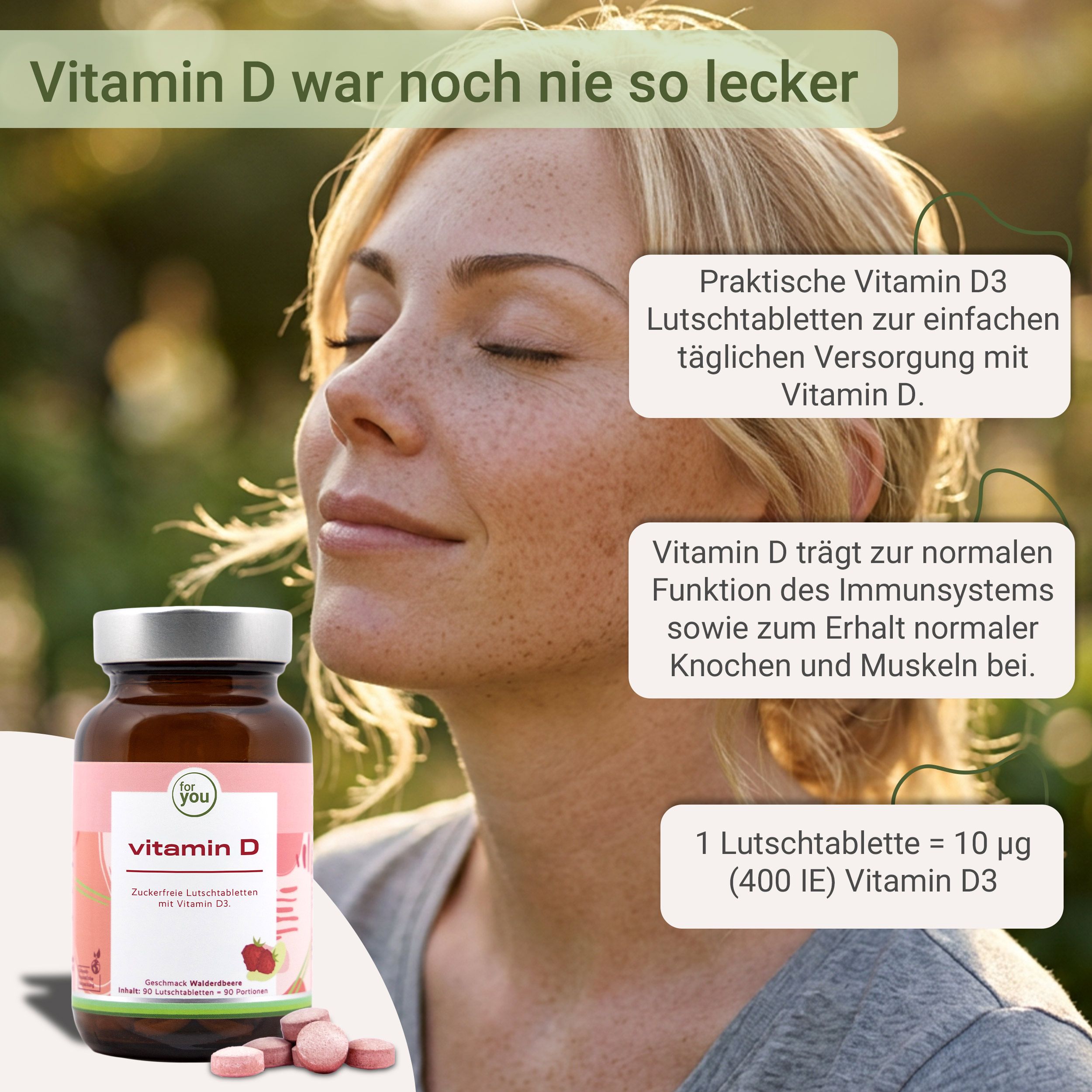 Frau genießt Vitamin D Lutschtabletten in der Natur. Flasche und Tabletten sind sichtbar.