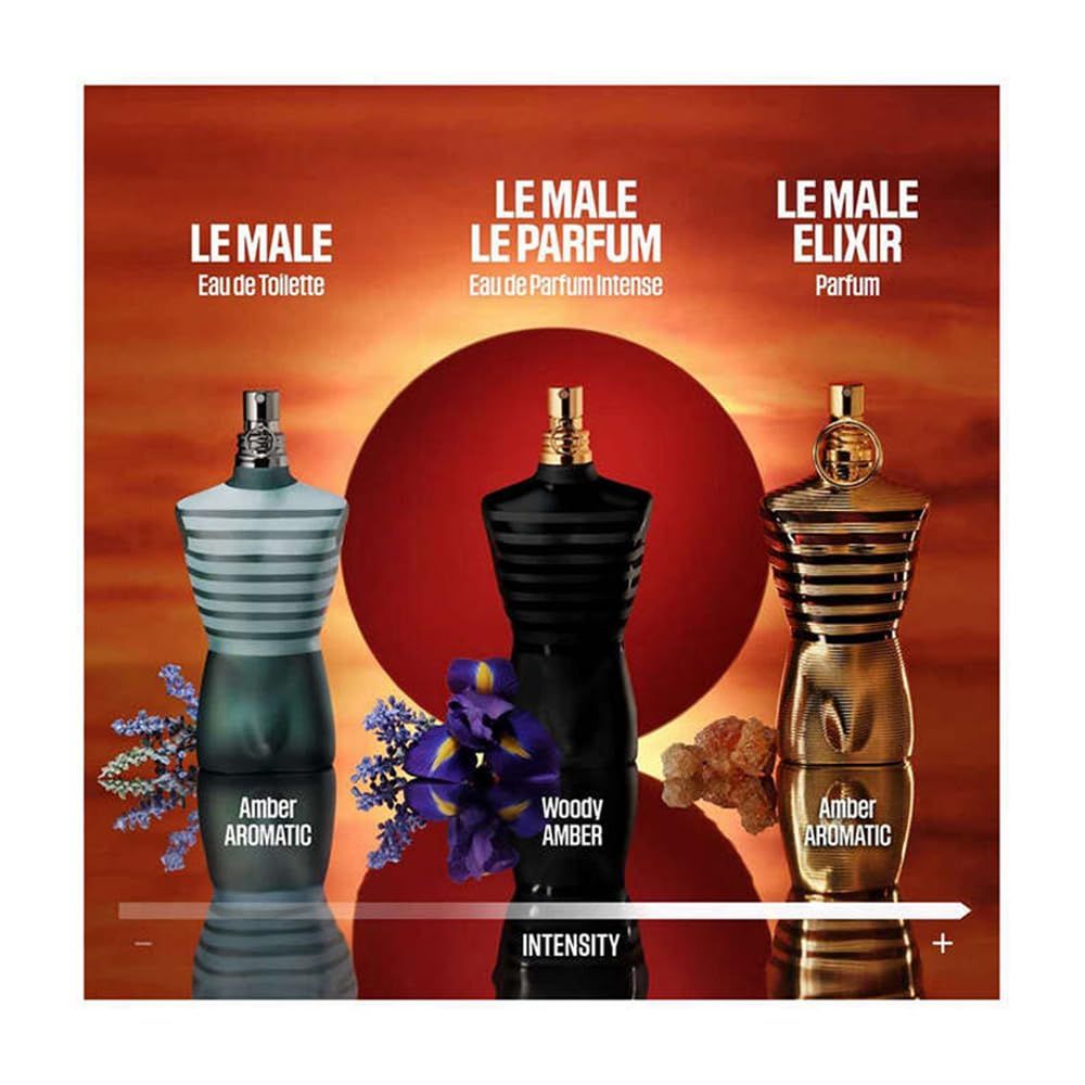 Drei Flakons in Torsoform. Beschriftung: Le Male, Le Male Le Parfum, Le Male Elixir. 