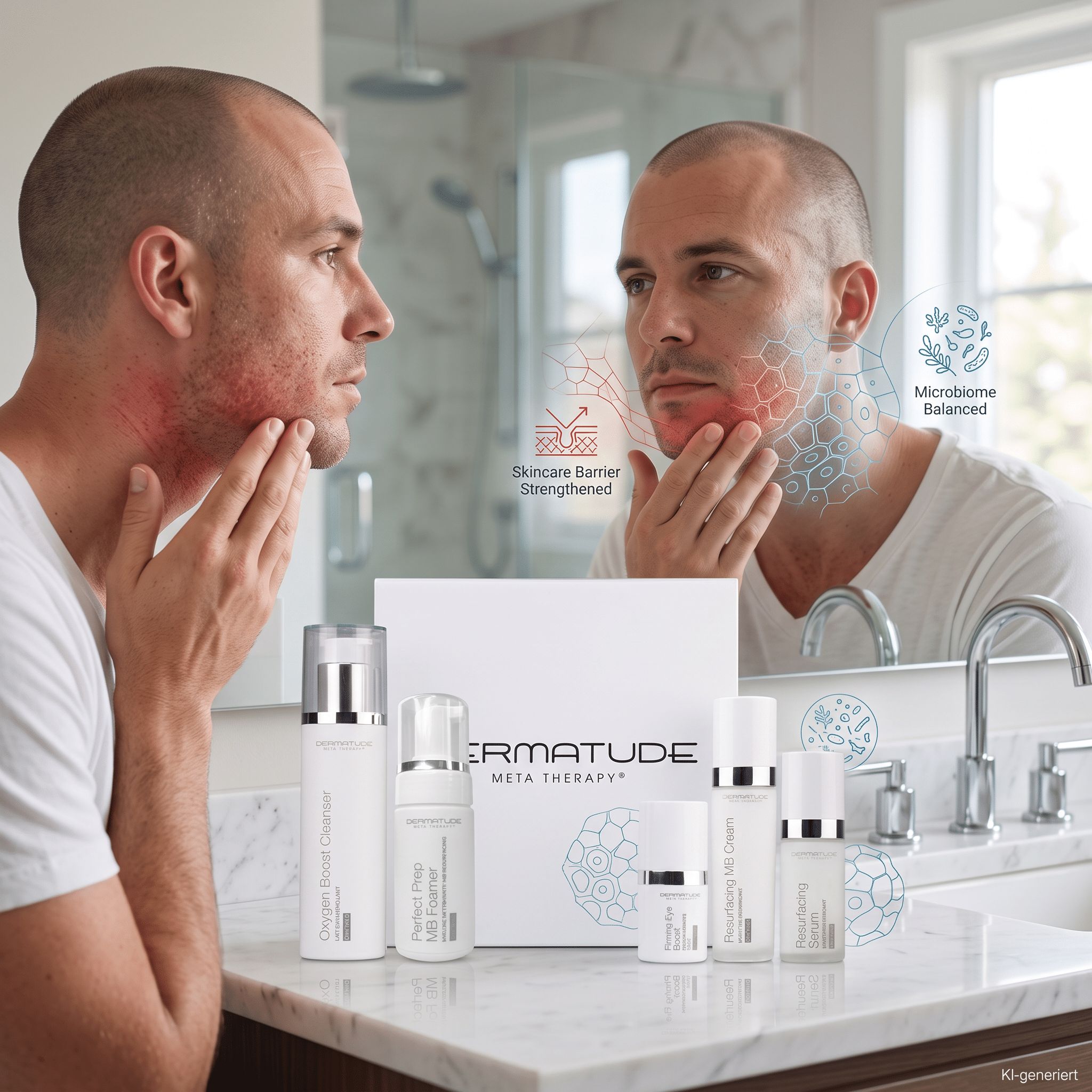 Ein Mann betrachtet sein Gesicht im Spiegel. Auf dem Tisch stehen verschiedene Hautpflegeprodukte, darunter ein Spender mit "Oxygen Boost Cleanser".
