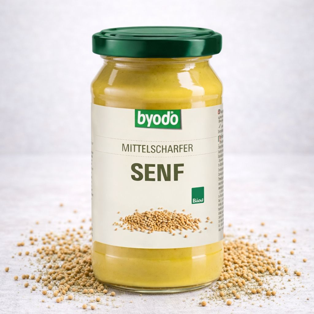 Byodo Mittelscharfer Senf im Glas, umgeben von Senfkörnern.