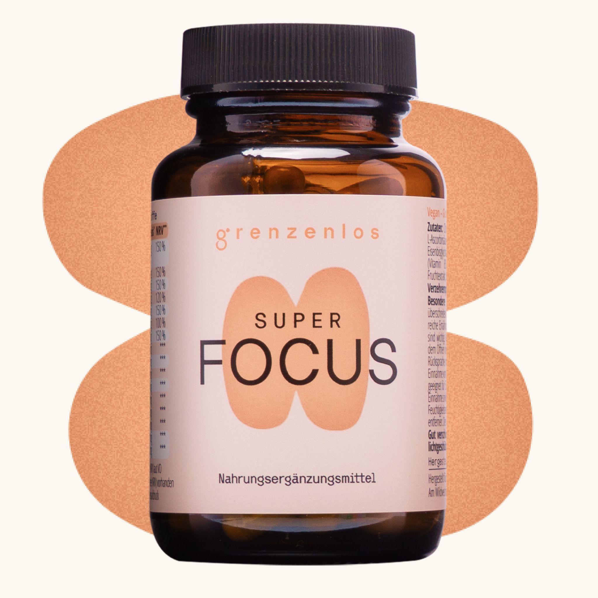 Flasche 'grenzenlos SUPER FOCUS' vor einem abstrakten Hintergrund.