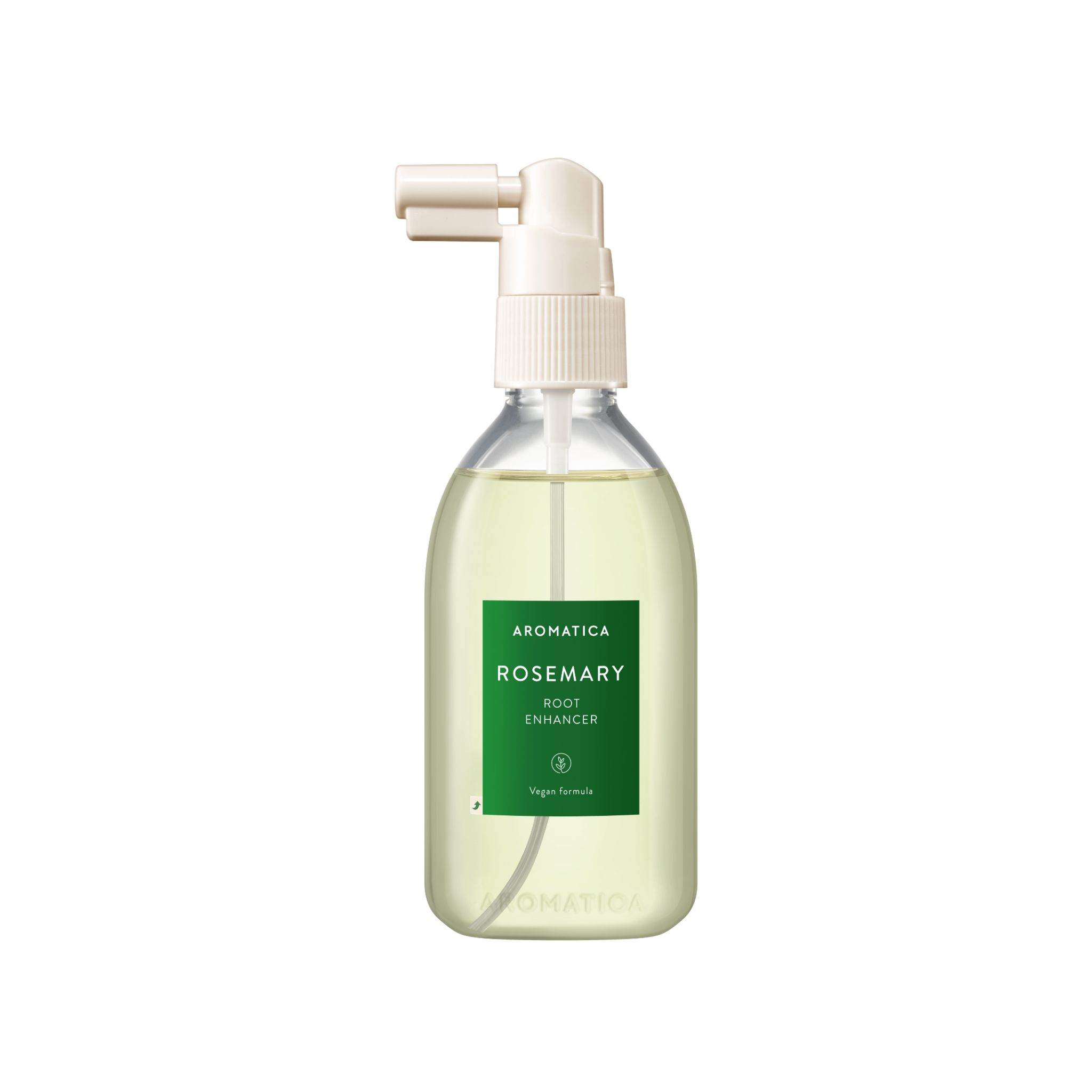 Flasche mit klarem Applikator, die eine hellgelbe Flüssigkeit enthält. Das Etikett zeigt "AROMATICA ROSEMARY ROOT ENHANCER".