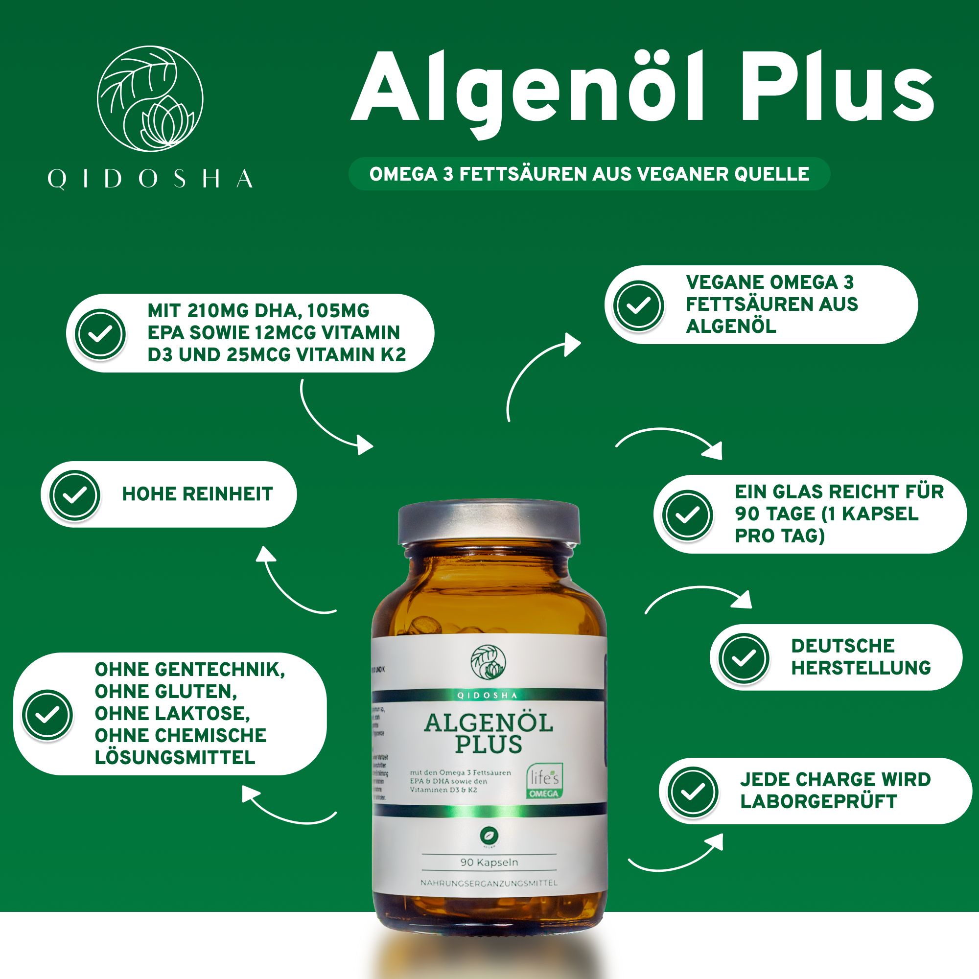QIDOSHA Algenöl Plus: Omega 3 Fettsäuren aus veganer Quelle plus die Vitamine D & K