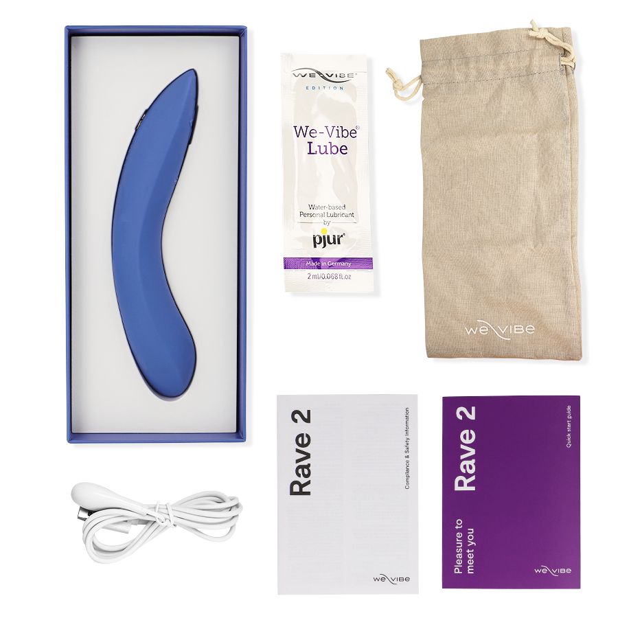 Inhalt einer Verpackung: Vibrator, Gleitmittel, Beutel, Ladekabel, Anleitungen. Text: "Rave 2".