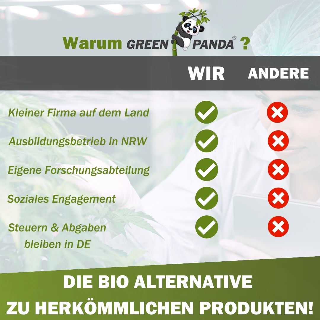 Grafik mit Text: Warum Green Panda? Wir vs. Andere. Vorteile: Kleine Firma, Ausbildung, Forschung, soziales Engagement, Steuern in DE. Green Panda Logo.