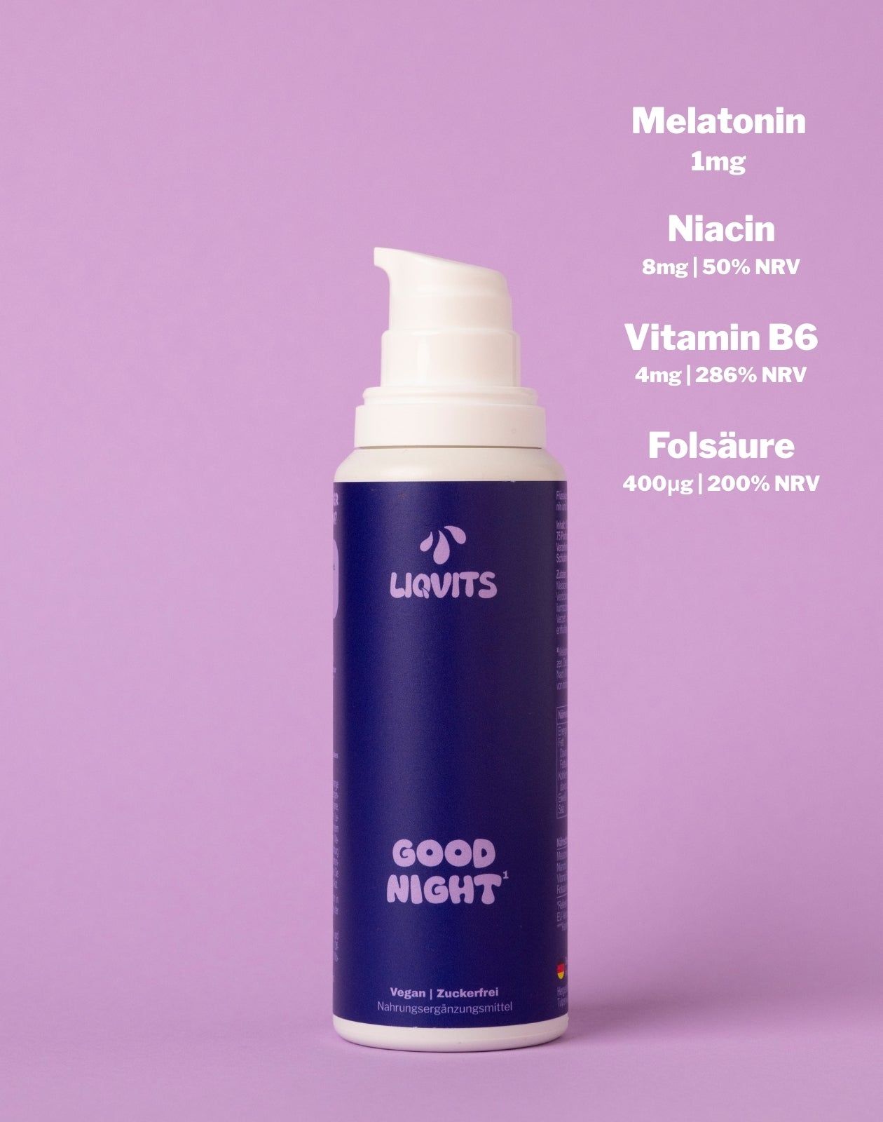 Blau-weiße Flasche "LiqVits Good Night" mit Inhaltsangaben: Melatonin, Niacin, Vitamin B6, Folsäure.