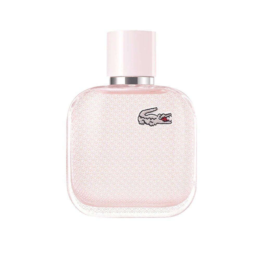 Rosa Flakon mit hellrosa Verschluss. Lacoste-Krokodil-Logo. Quadratische Form. Auf weißem Hintergrund.