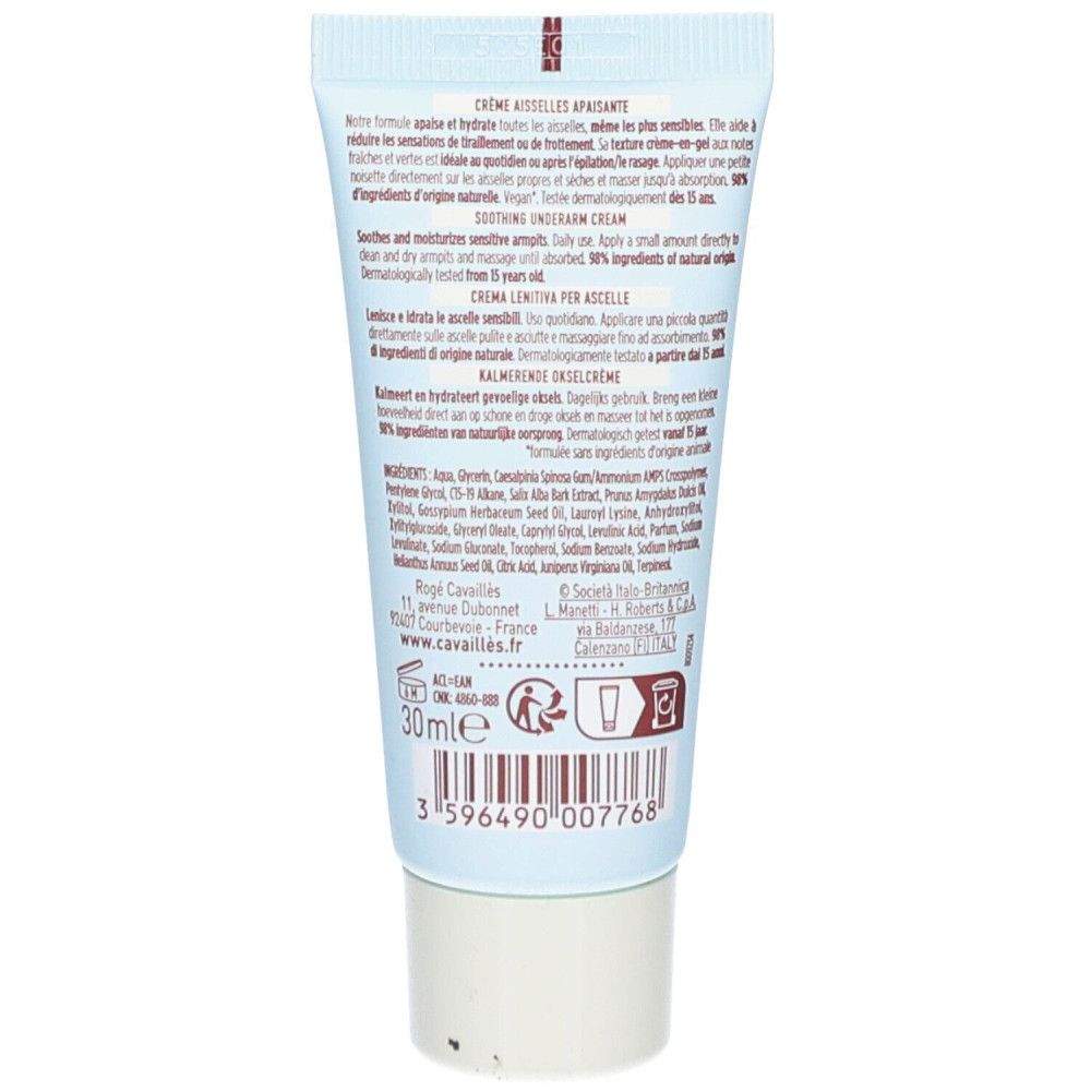 Creme-Tube, hellblau. Text: Crème Aisselles Apaisante, 30 ml. Inhaltsstoffe und Anweisungen aufgedruckt. Marke Rogé Cavaillès.