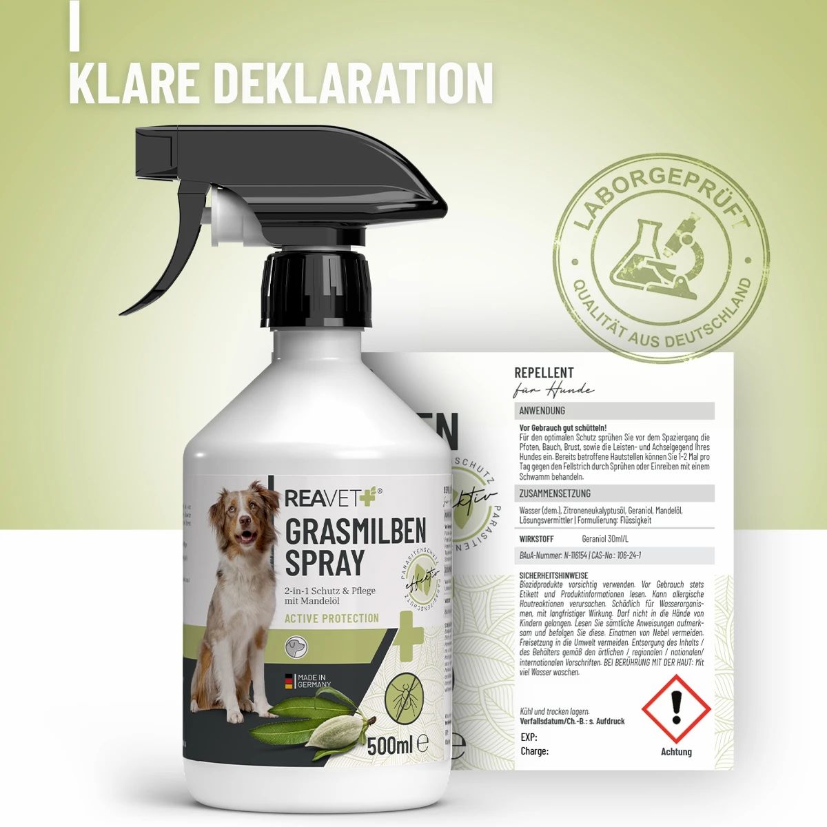 ReaVET Grasmilben Spray Flasche mit "Labor geprüft" Siegel und deutscher Anleitung.