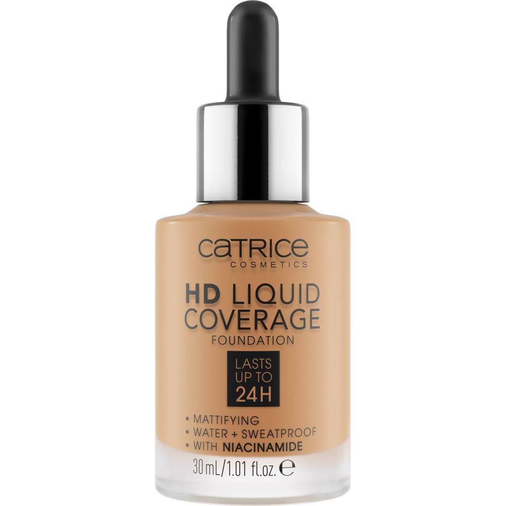 Catrice HD Liquid Coverage Foundation in einer Glasflasche mit Pipette. Enthält 30 ml. Text: Mattierend, wasserfest, schweißfest, mit Niacinamid.