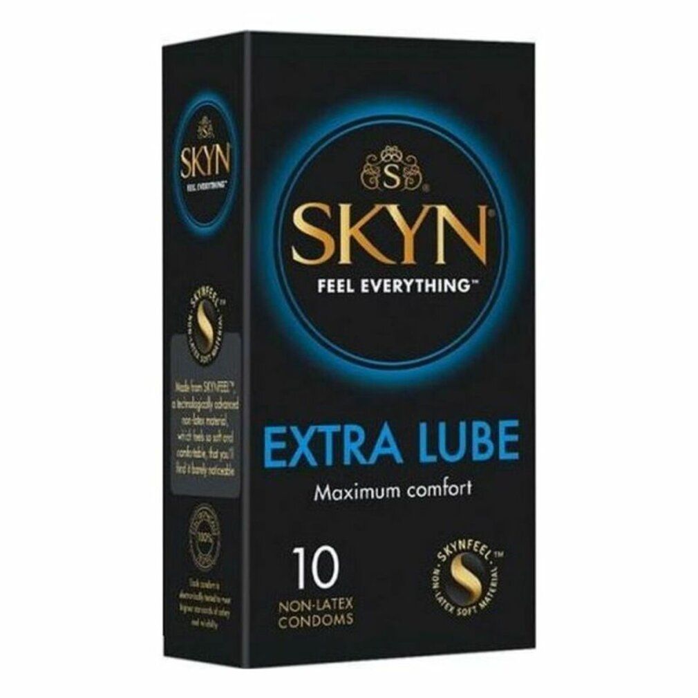 Schwarze Schachtel mit Kondomen. Aufschrift: SKYN, Extra Lubricated, 10 Stück. Nicht aus Latex.
