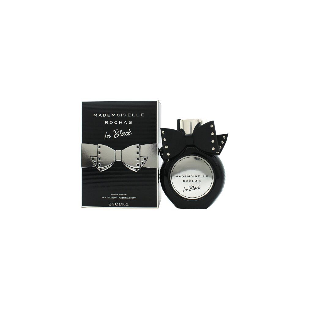 Schwarzer Flakon mit Schleife und Verpackung. Aufschrift: Mademoiselle Rochas In Black. Silberne Schleife auf der Verpackung.