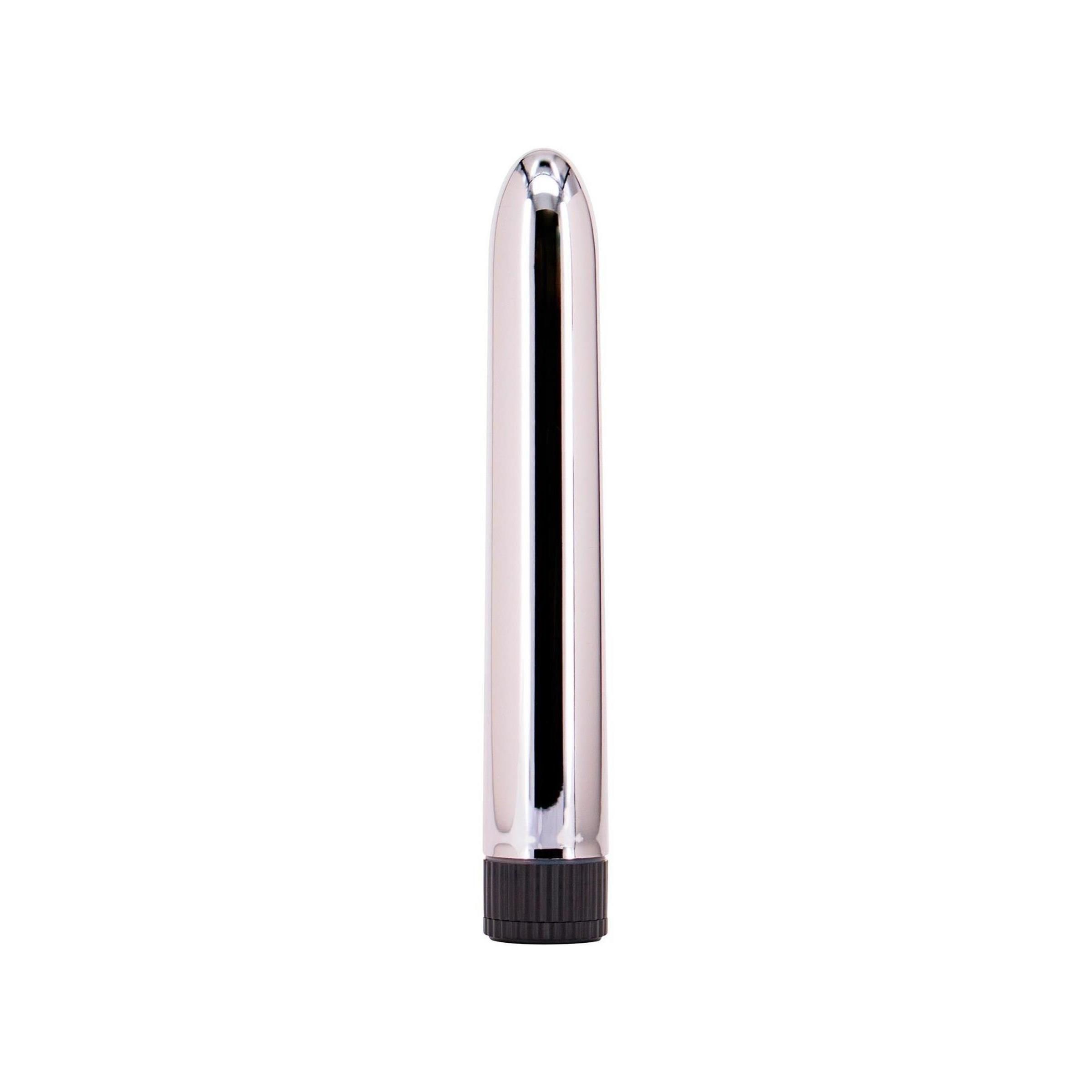 Silberfarbener, zylindrischer Vibrator mit schwarzem Sockel. Glatte Oberfläche, abgerundete Spitze.