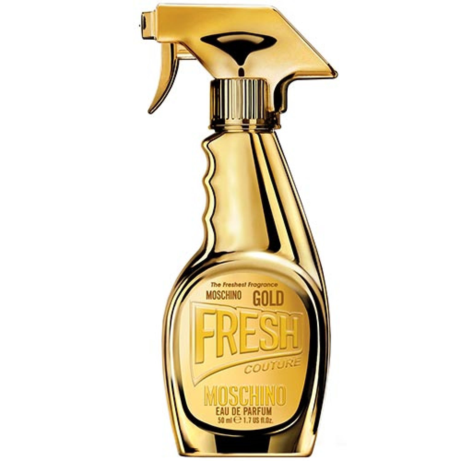 Flacone spray dorato con scritta FRESH COUTURE e MOSCHINO. Scritta: GOLD, Eau de Parfum.