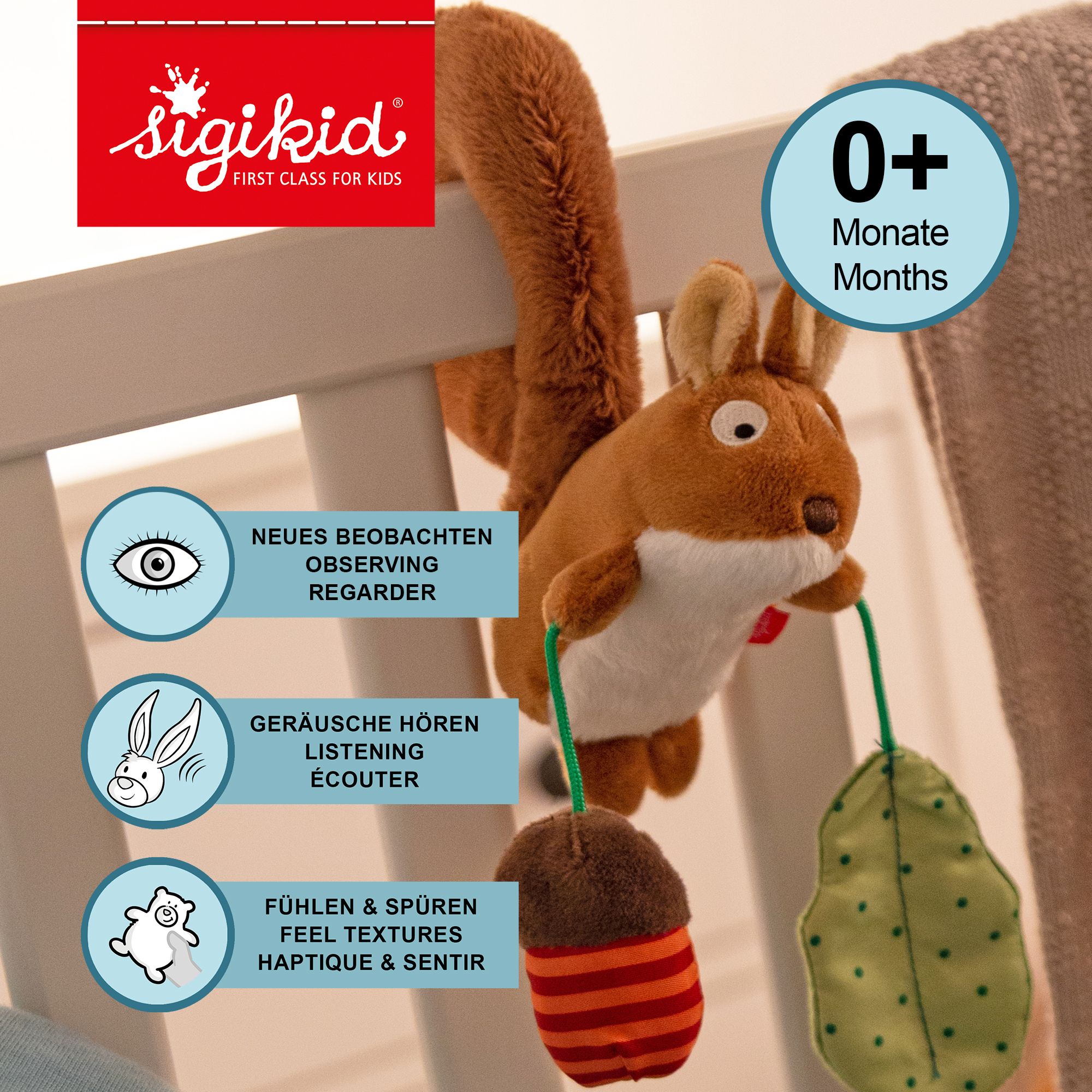 SIGIKID Anhänger mit Eichhörnchen, Eichel, Blatt und Hinweisen zu Beobachten, Hören, Fühlen.