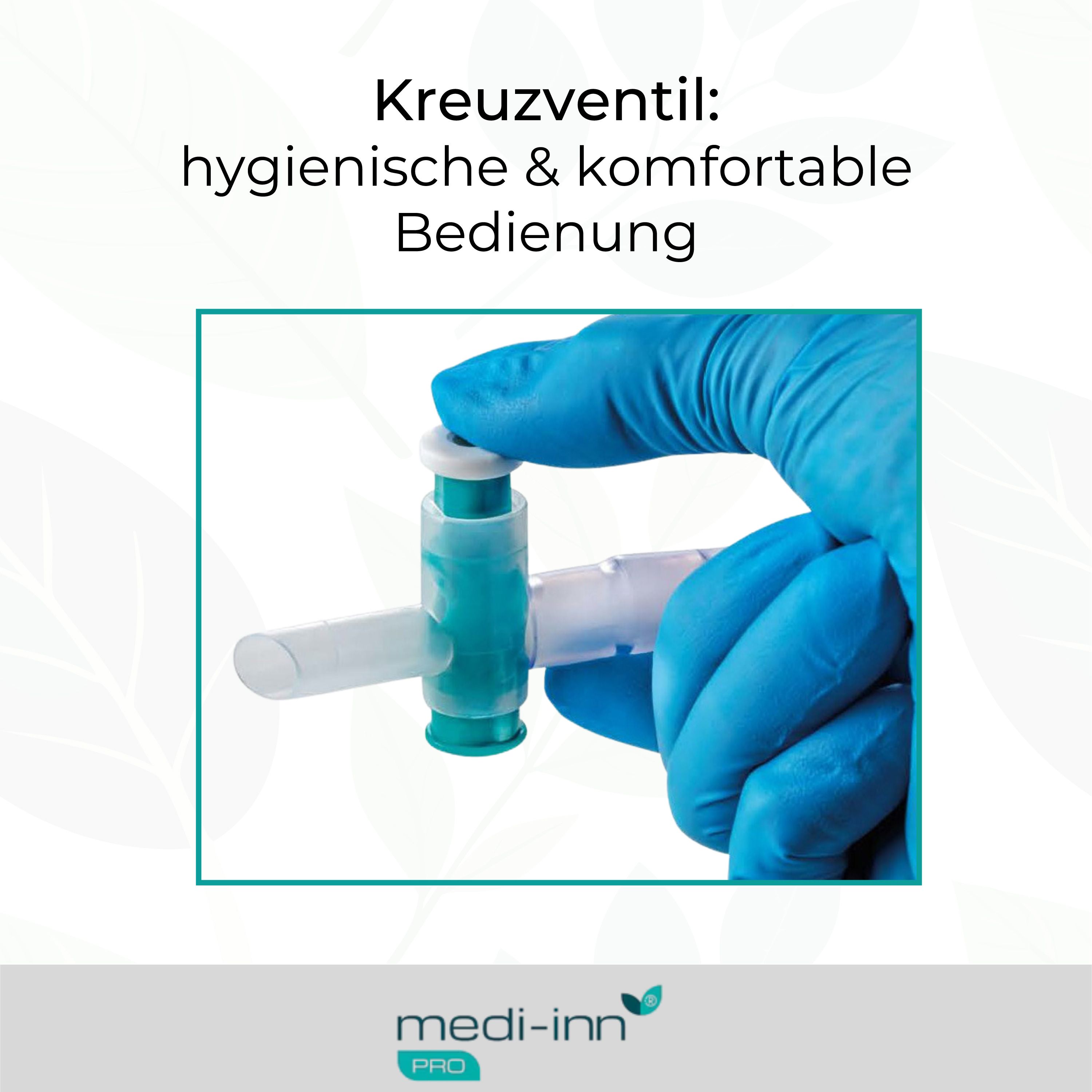 Kreuzventil, hygienische und komfortable Bedienung. Grünes Ventil, bedient von einer Hand mit blauem Handschuh.