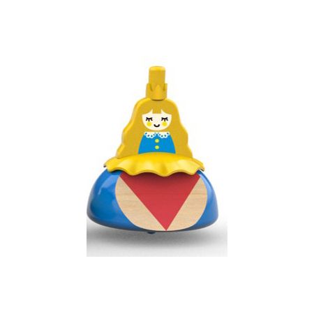 Kreisel mit Prinzessin-Design. Gelbe Krone, blonde Haare, blaues Kleid. Roter und blauer Körper. Holzspielzeug.