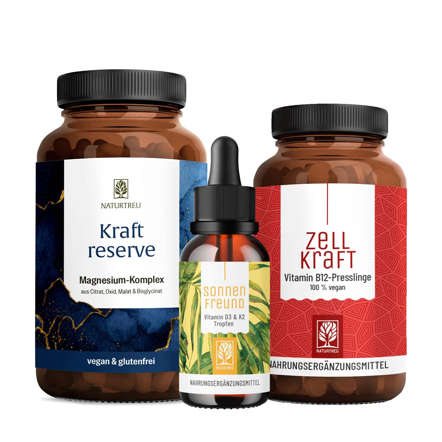 Drei NATURTREU® Nahrungsergänzungsmittel: Kraftreserve, Sonnenfreund und Zellkraft.