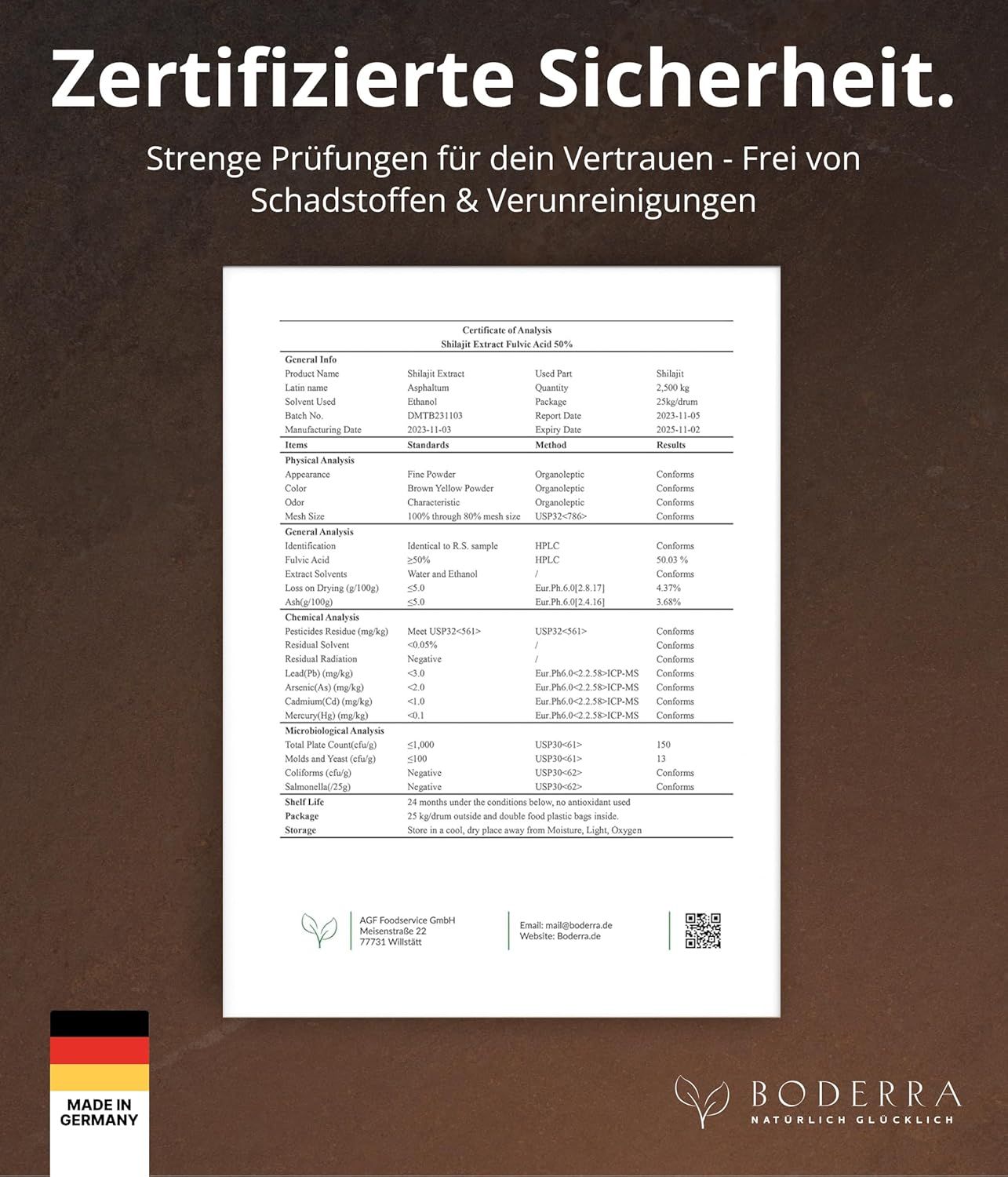 Zertifizierungsbericht. Text: 'Zertifizierte Sicherheit. Strenge Prüfungen für dein Vertrauen - Frei von Schadstoffen & Verunreinigungen'.