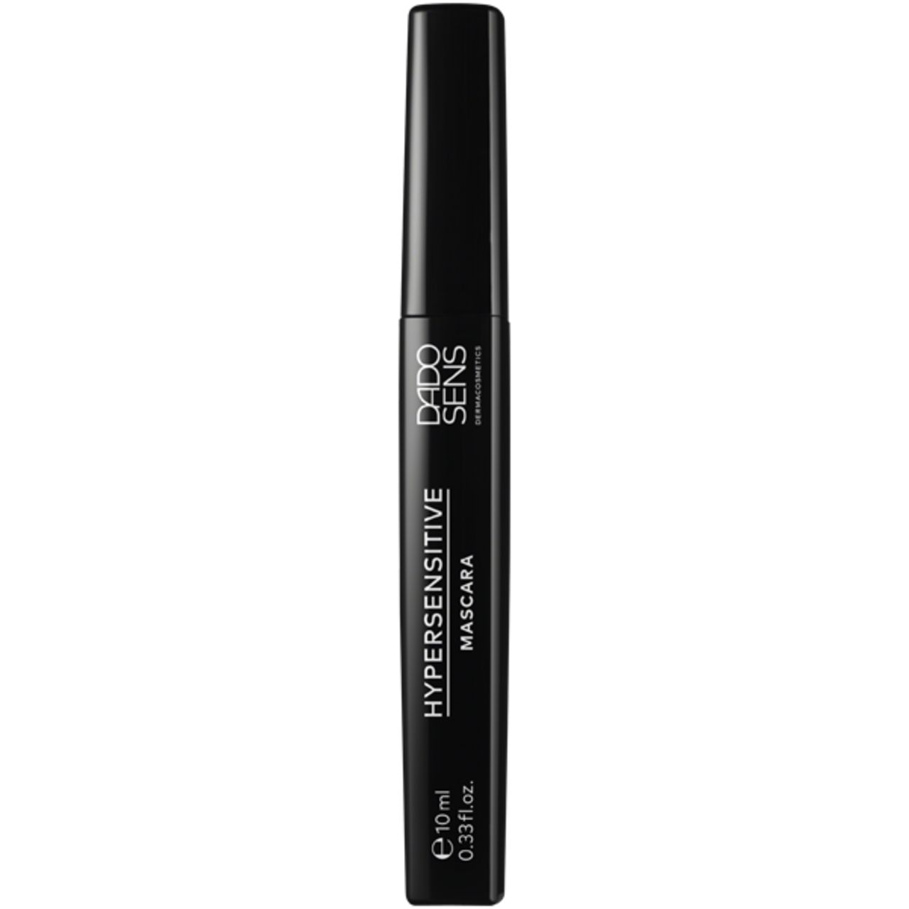 Schwarze Mascaratube mit Produkttext: Hypersensitive Mascara, Dado Sens. Volumen: 10 ml.