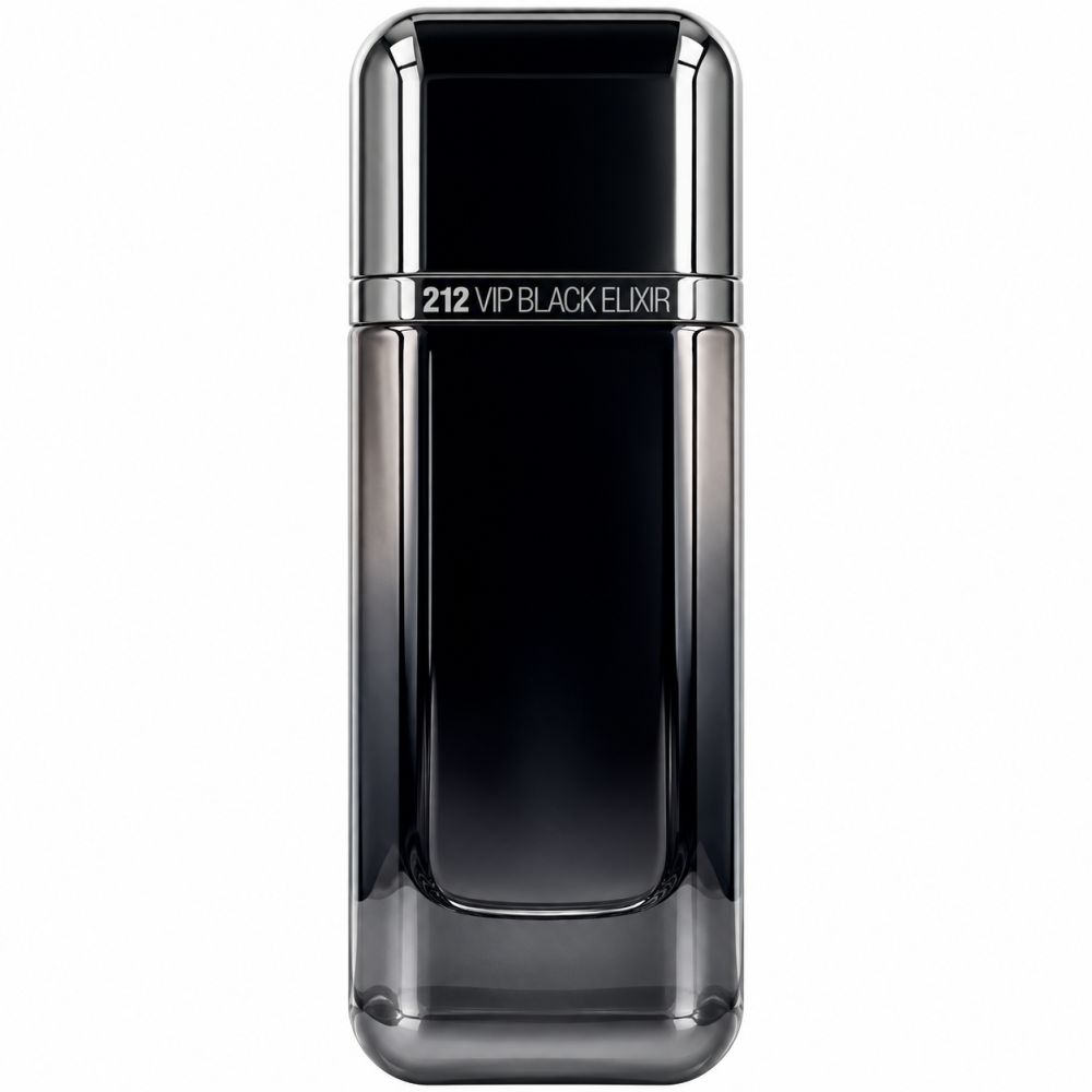 Schwarze Glasflasche mit silbernem Verschluss und der Aufschrift "212 VIP BLACK ELIXIR".