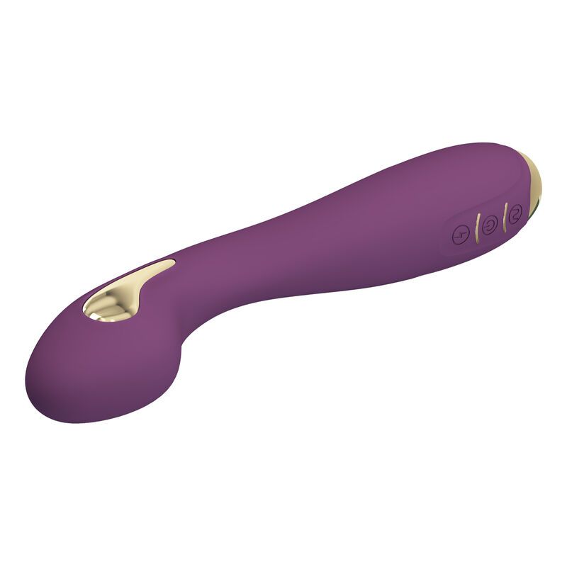 Lila Vibrator mit goldfarbenen Akzenten. Geschwungene Form, drei Knöpfe. Perspektivische Ansicht.