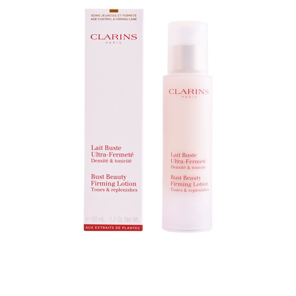 Lotion-Flakon und Verpackung. Aufschrift: Lait Buste Ultra-Fermeté, Bust Beauty Firming Lotion. Marke: Clarins.