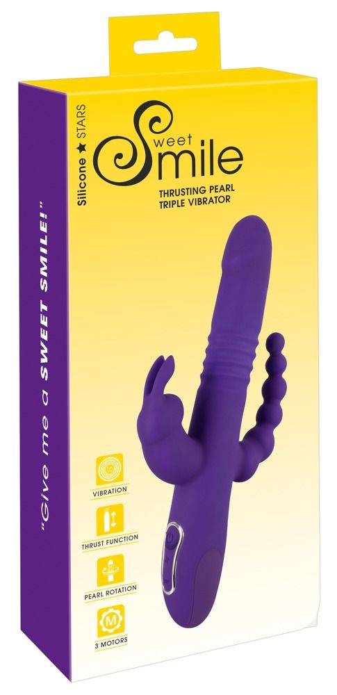 Verpackung mit lila Vibrator. Text: Sweet Smile, Thrusting Pearl Triple Vibrator, Sterne.