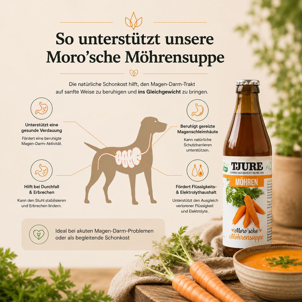 Tjure Moro'sche Möhrensuppe: Flasche und Schüssel mit Karottensuppe, daneben Karotten und eine schematische Darstellung des Hundemagens.
