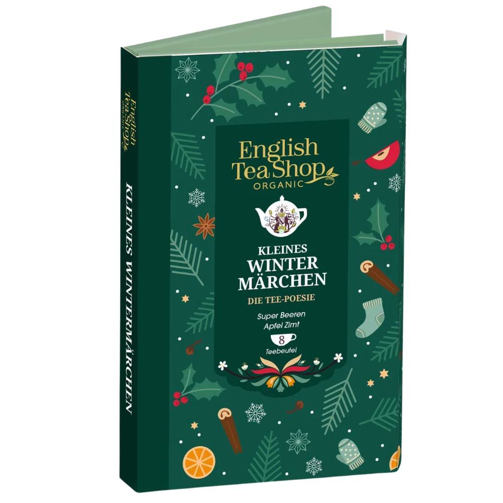Buchförmige Teebox mit Wintermotiv. Enthält 8 Teebeutel. Aufschrift: English Tea Shop, Kleines Winter Märchen.