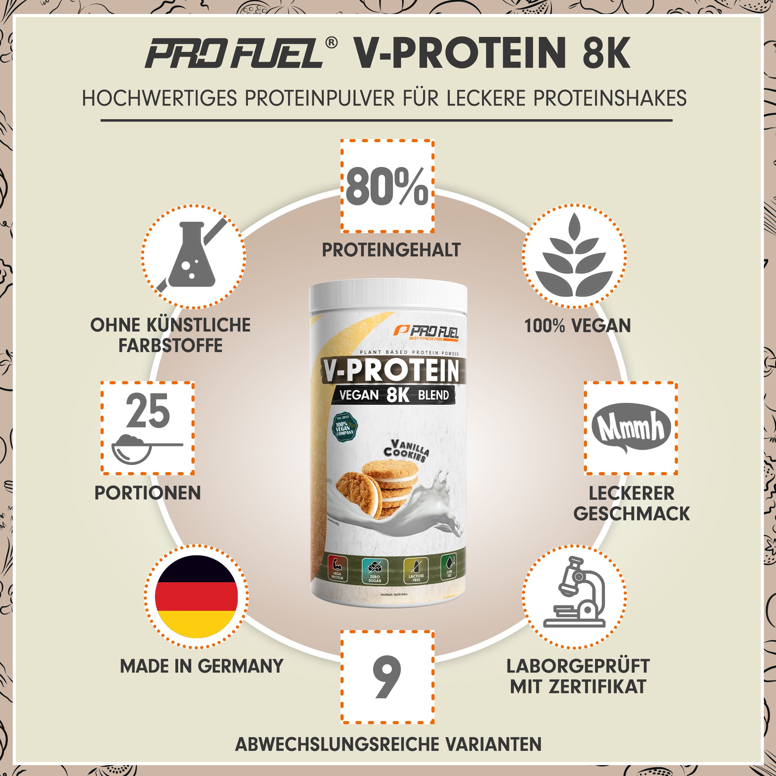 Pro Fuel V-Protein 8K: Hochwertiges Proteinpulver für Proteinshakes. 80% Protein, 100% vegan, Made in Germany.