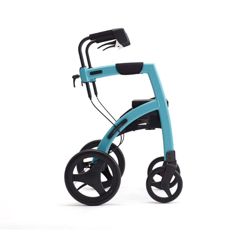 Blaugrüner Rollator, Seitenansicht. Vier Räder, Handgriff und Sitzfläche.
