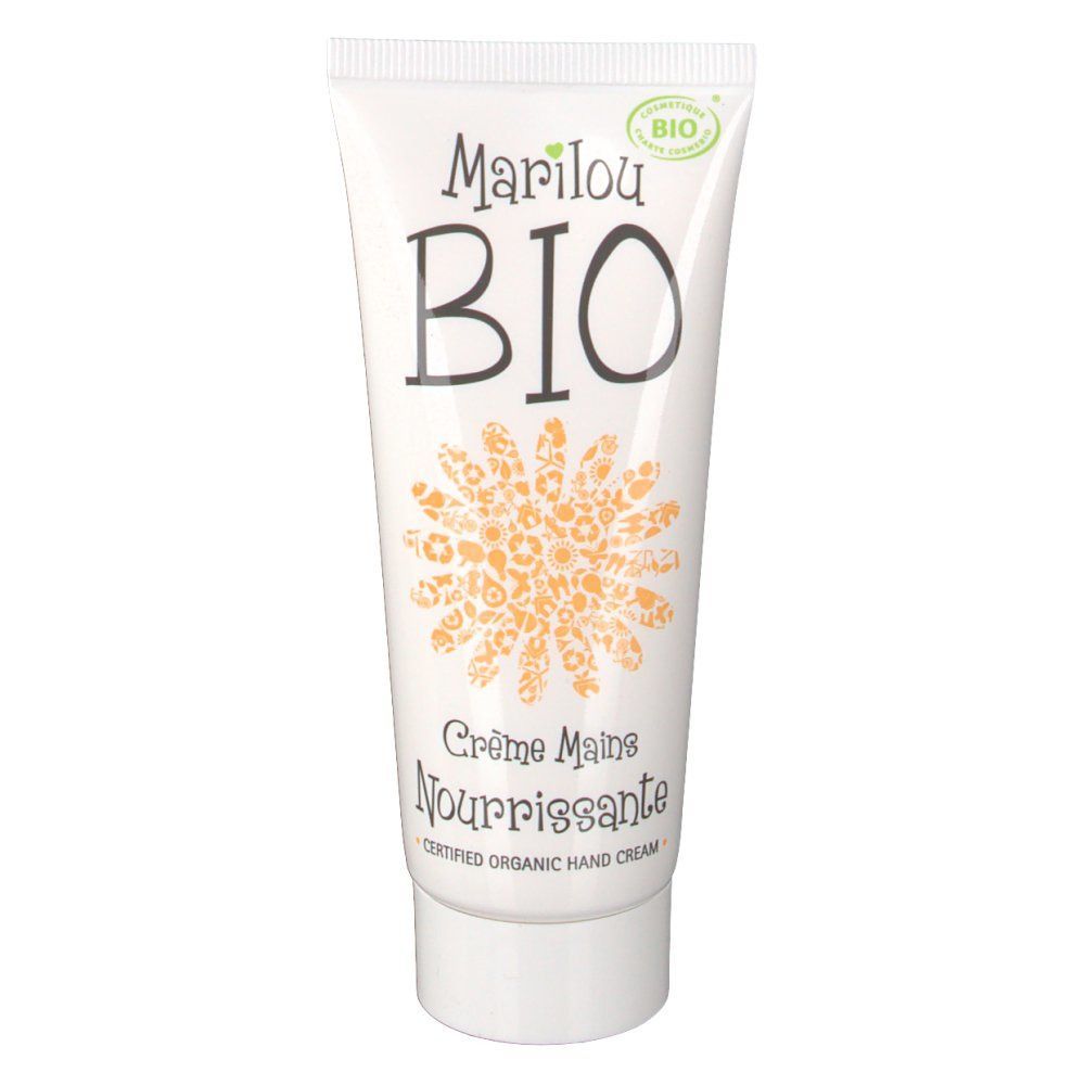 Weiße Tube mit Marilou BIO Logo, einer Blume und der Aufschrift "Crème Mains Nourrissante".