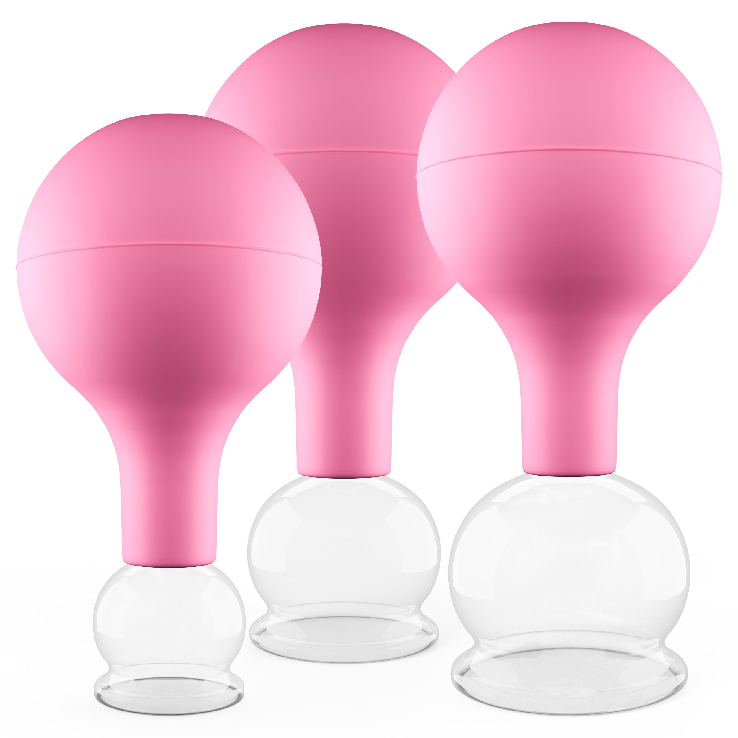 Pulox Schröpfgläser aus Echtglas mit Saugball - Set Trio klein in Pink: 25mm, 32mm, 40mm