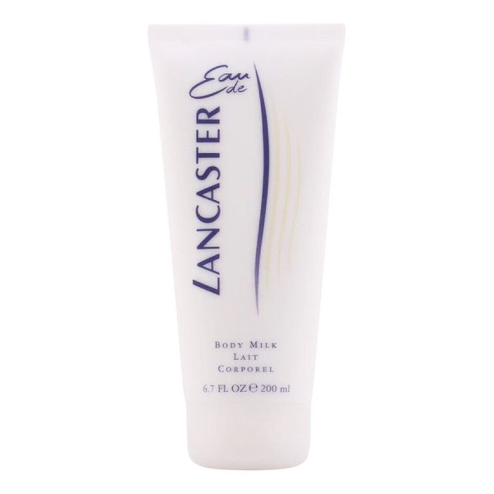 Weiße Tube mit blauer Aufschrift "Lancaster Eau de Lancaster Body Milk". Text in Englisch und Französisch. 6.7 FL OZ e 200 ml.