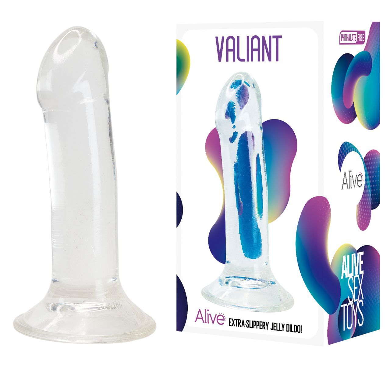 Klarer Jelly Dildo. Verpackung mit Produktname VALIANT. Marke Alive Sex Toys. Extra-rutschig.