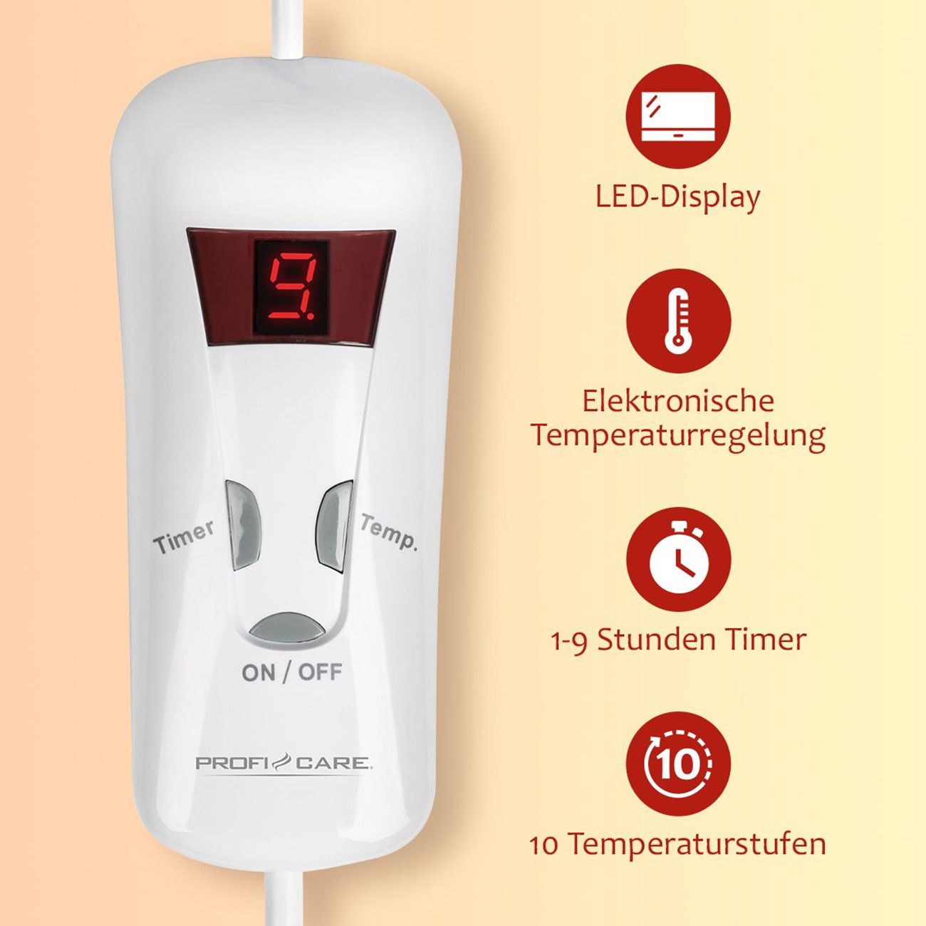 Weißes Bedienfeld mit digitaler Temperaturanzeige, Tasten für Timer und Temperatur, und ProfiCare-Logo.
