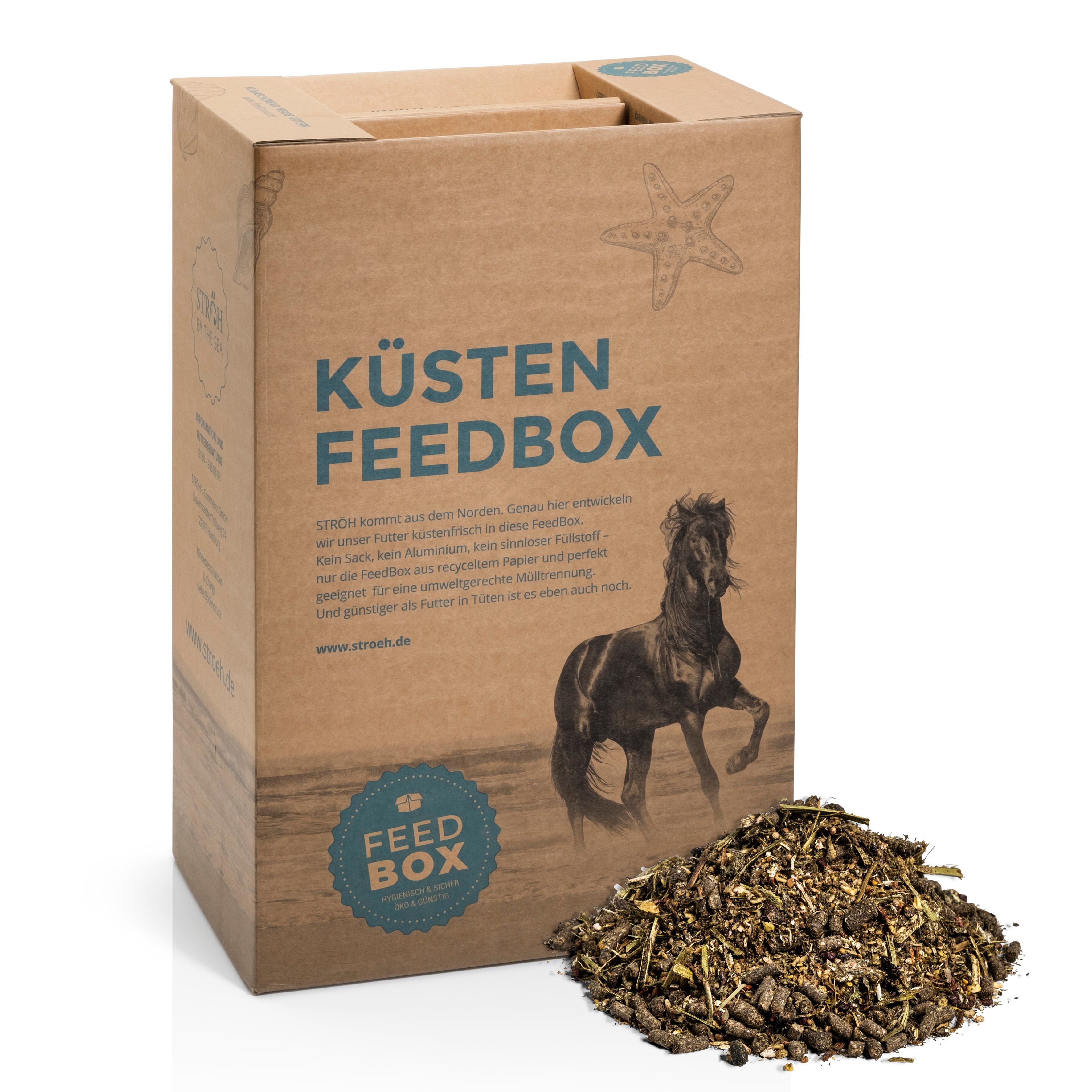 Kartonbox mit Aufdruck "KÜSTEN FEEDBOX" und Pferdeabbildung. Text in blauer Schrift. Auf der Box ist ein Seestern abgebildet.