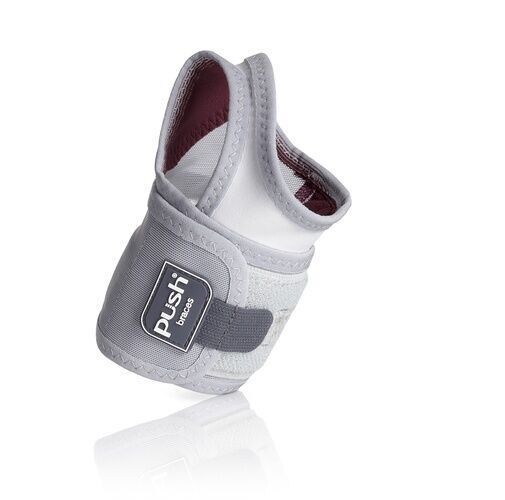 Graue Handgelenkbandage. Klettverschluss und Logo sichtbar. Innenfutter in bordeauxrot.