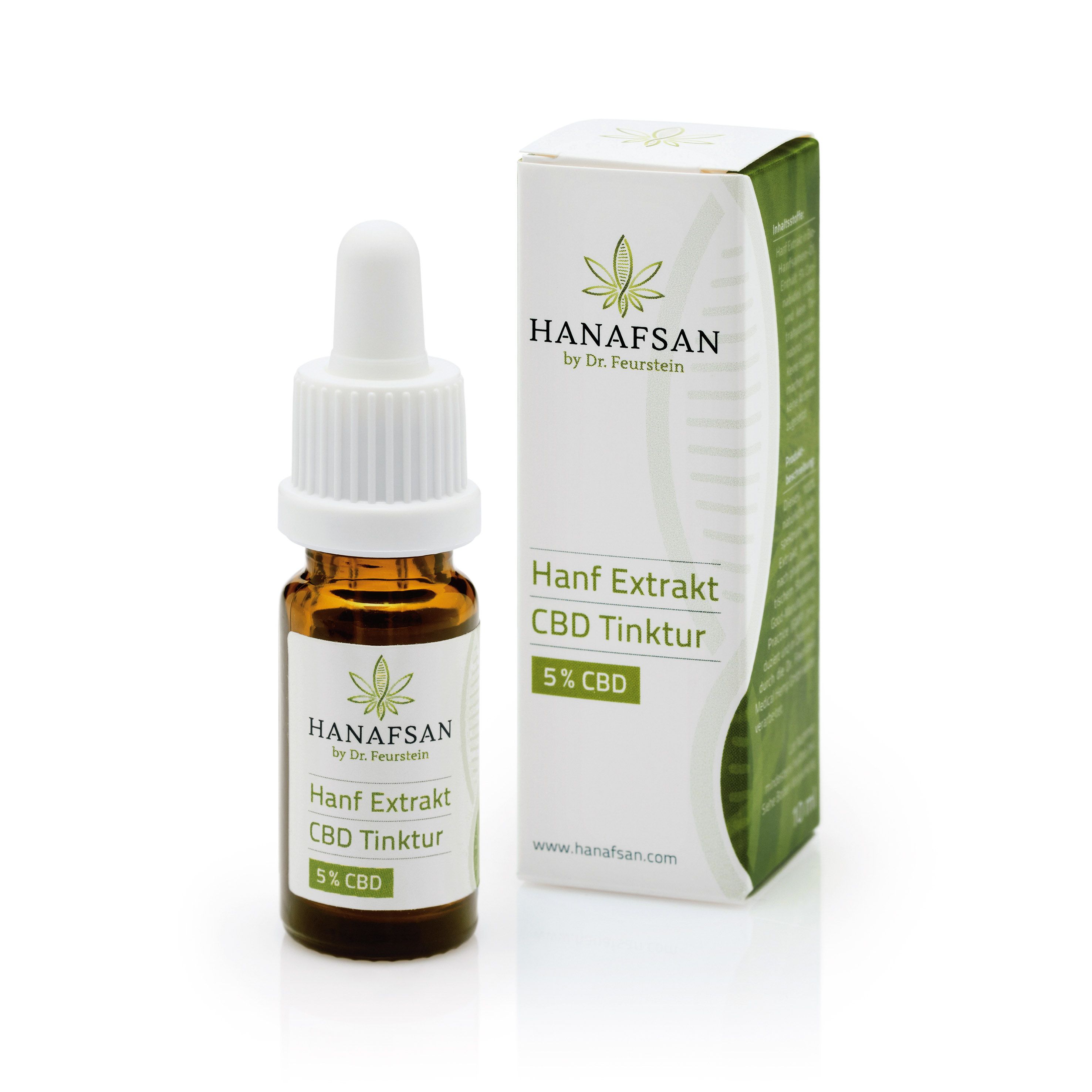 Braune Glasflasche mit weißem Deckel und Pipette. Daneben eine weiße Schachtel mit grünen Akzenten. Auf beiden steht "HANAFSAN Hanf Extrakt CBD Tinktur 5 %".