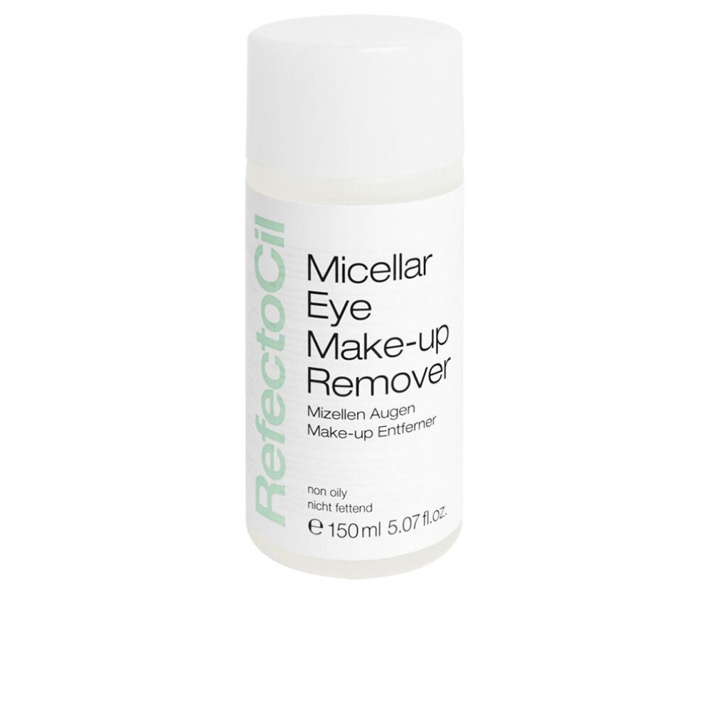 Weiße Flasche mit grünem RefectoCil-Logo und Aufschrift 'Micellar Eye Make-up Remover'. Enthält 150ml.
