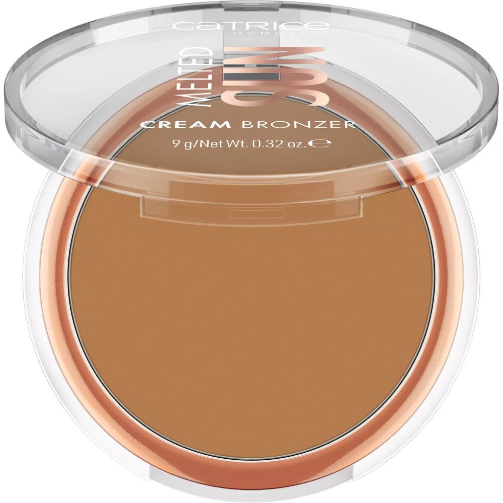 Catrice Melted Skin Cream Bronzer in einem transparenten Tiegel mit roségoldenem Rand. Cremiger Bronzer in mittlerem Braunton.