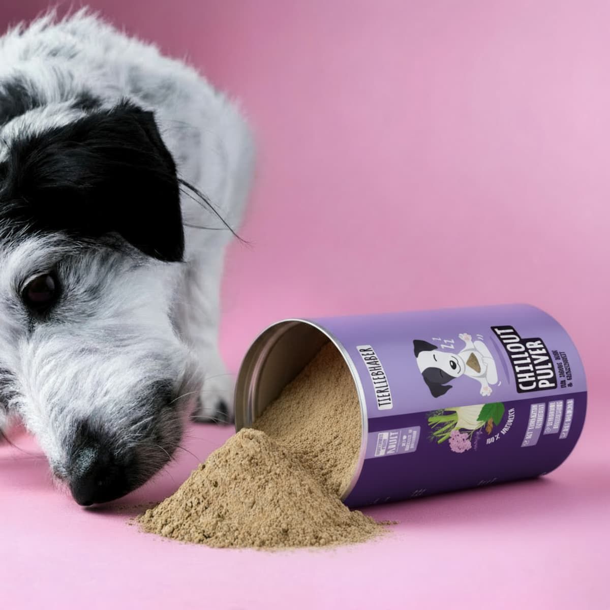 Umgekippte Dose Tierliebhaber Chillout Pulver. Pulver liegt daneben. Hund schaut interessiert zu. Lila Hintergrund.